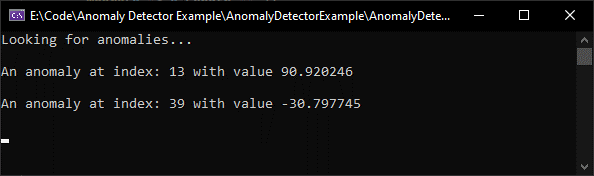 Console showing that the program found two anomalies